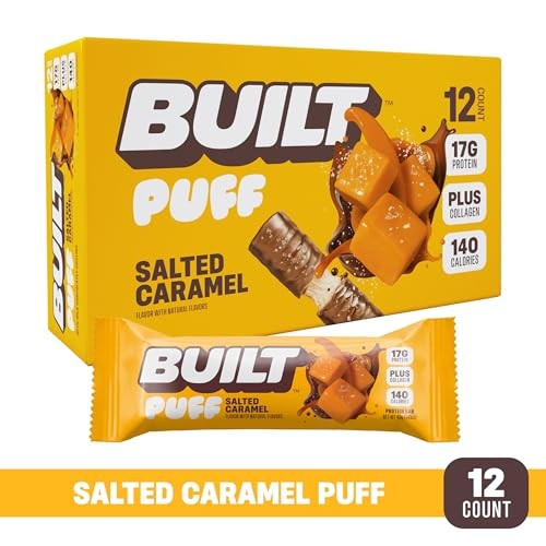 Built Bar, Puff Protein Bars, Salted Caramel Puff, 17g Protein Snacks, on-the-Go Bars, Only 140 Calories, 6g Sugar, Collagen, Gluten Free, 12 Count