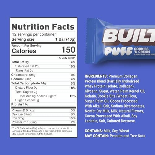 Built Bar BUILT Protein Bars - Cookies 'N Cream Puff - 17g Protein - 12ct