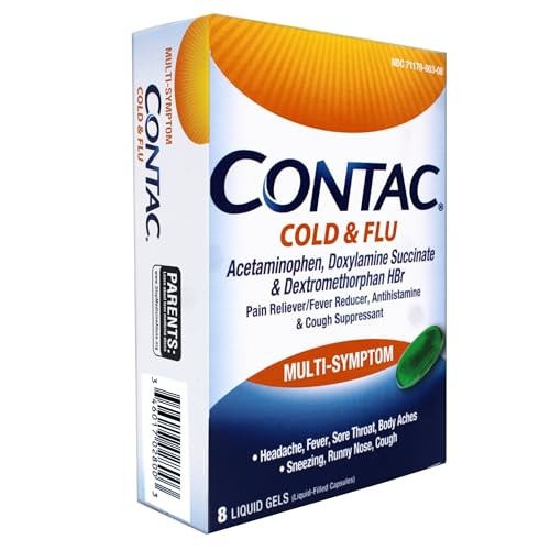 Contac Cold & Flu Medicine, Multi-Symptom Relief for Fever, Sore Throat, Runny Nose & Cough, 8 Liquid Gels