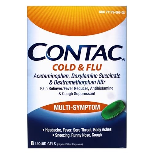 Contac Cold & Flu Medicine, Multi-Symptom Relief for Fever, Sore Throat, Runny Nose & Cough, 8 Liquid Gels