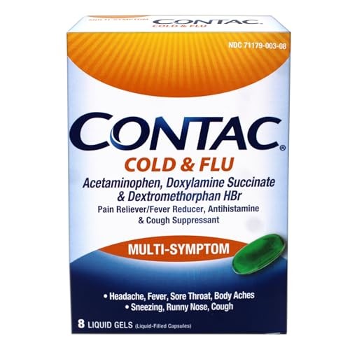 Contac Cold & Flu Medicine, Multi-Symptom Relief for Fever, Sore Throat, Runny Nose & Cough, 8 Liquid Gels