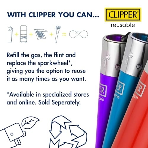 Clipper - Classic Large Reusable Lighter - Iconic Premium Refillable Lighters Bulk Pack - Replace Butane, Flint, and Spark Wheel for Unlimited Lights 