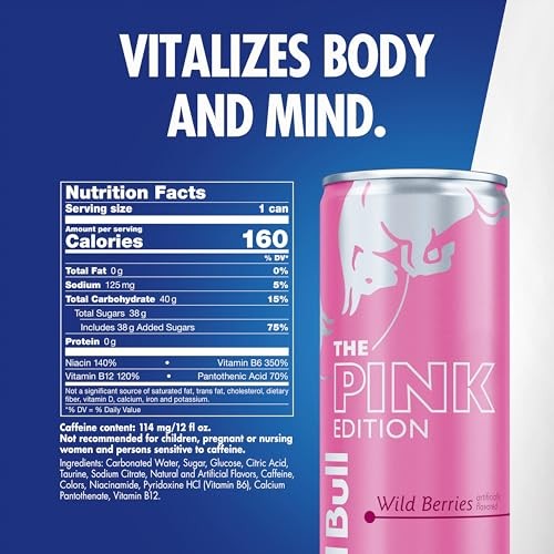 Red Bull Wild Berries, Pink Edition, with 114mg Caffeine Plus Taurine & B Vitamins, 12 Fl Oz, 6 Packs of 4 Cans (Pack of 24)