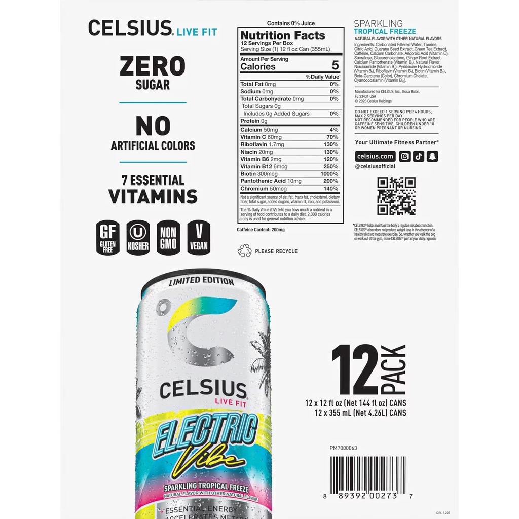 Celsius Electric Vibe Energy Drink 12 Fl. Oz., 12 Pk. FREE SHIPPING & LIMITED!!!