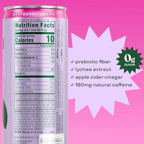 Bloom Nutrition Sparkling Energy Drink for Focus, Natural Caffeine, Zero Sugar, 180mg Caffeine, Antioxidant-Rich with Green Coffee Bean, Green Tea Ext