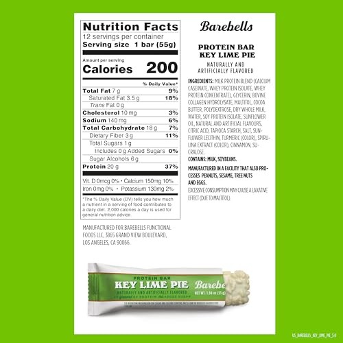 Barebells Protein Snacks Bars Key Lime Pie - 12 Count, 1.9oz Bars 55g of High Protein - White Chocolate Protein Bar with 1g of Total Sugars - Perfect 