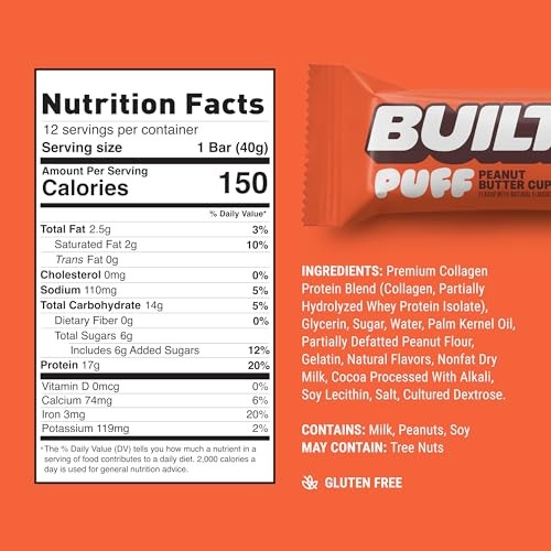 Built, Puff, Protein Bars, Peanut Butter Cup, 12 Bars, 1.41 Oz (40 G) Each