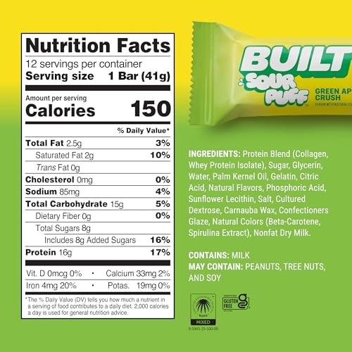 Built Bar, Sour Puff Protein Bars, Green Apple Crush, Collagen, on-the-go Snacks, Sour Candy Snack, 12 Pack