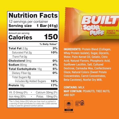 Built Bar, Sour Puff Protein Bars, Sweet Peach Punch, Collagen, on-the-go Snacks, Sour Candy Snack, 12 Pack