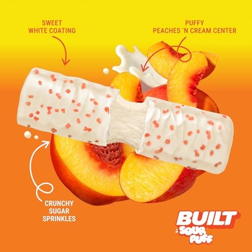 Built Bar, Sour Puff Protein Bars, Sweet Peach Punch, Collagen, on-the-go Snacks, Sour Candy Snack, 12 Pack