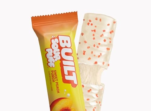 Built Bar, Sour Puff Protein Bars, Sweet Peach Punch, Collagen, on-the-go Snacks, Sour Candy Snack, 12 Pack