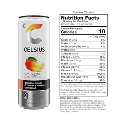 CELSIUS Sparkling Mango Lemonade  Functional Energy Drink 12 Fl Oz (Pack of 12)