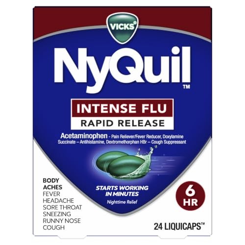 Vicks NyQuil Intense Flu Rapid Release LiquiCaps, Fast Flu Symptom Relief, Multi-Symptom Nighttime Relief for Body Aches, Fever, Headache, Sore Throat