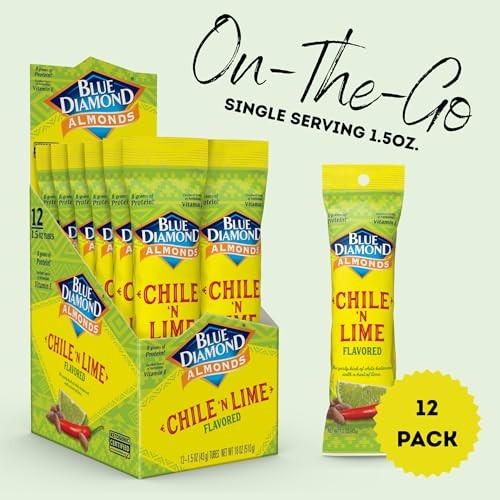 Blue Diamond Almonds, Single Serving Chile N Lime Flavored Snack Nuts Great for Road Trips, Lunches, and on-the-Go, 12 Packs, 1.5 Oz. Single Packs