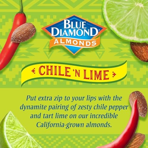 Blue Diamond Almonds, Single Serving Chile N Lime Flavored Snack Nuts Great for Road Trips, Lunches, and on-the-Go, 12 Packs, 1.5 Oz. Single Packs