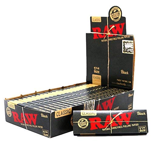 RAW Classic 1 1/4 Size Natural Unrefined Ultra Thin  Rolling Papers, Black, 24 Count